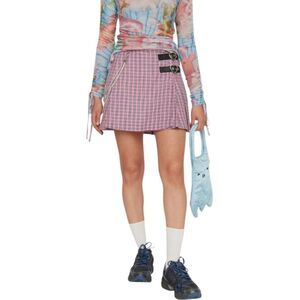 NEW Lazy Oaf x Daddy Bears pink plaid‎ heart strap academia mini kilt skirt L/12
